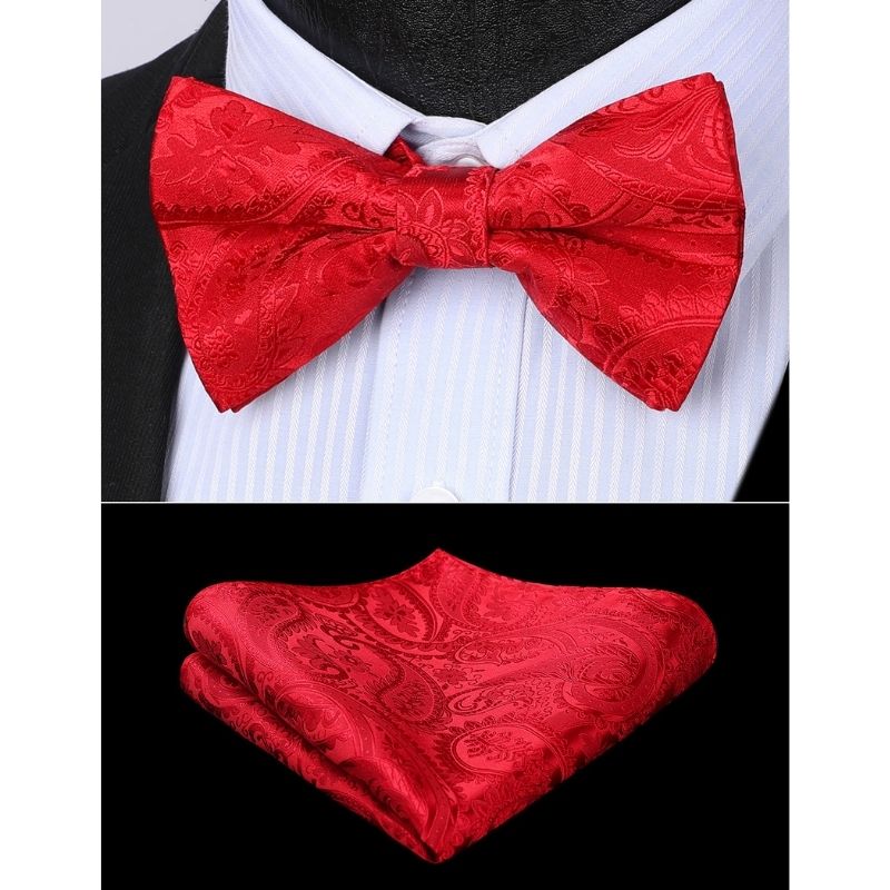 Hisdern Red Paisley Pre-Tied Bow Tie Set for Wedding