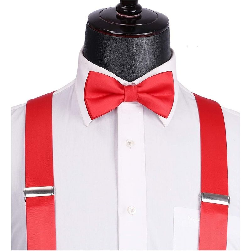 Hisdern Solid Suspenders Pre-Tied Bow Tie Set Red Formal Wedding Outfit