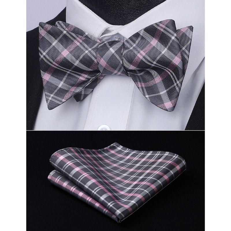 Hisdern Pink Grey Plaid Bow Tie Set For Special Occasions