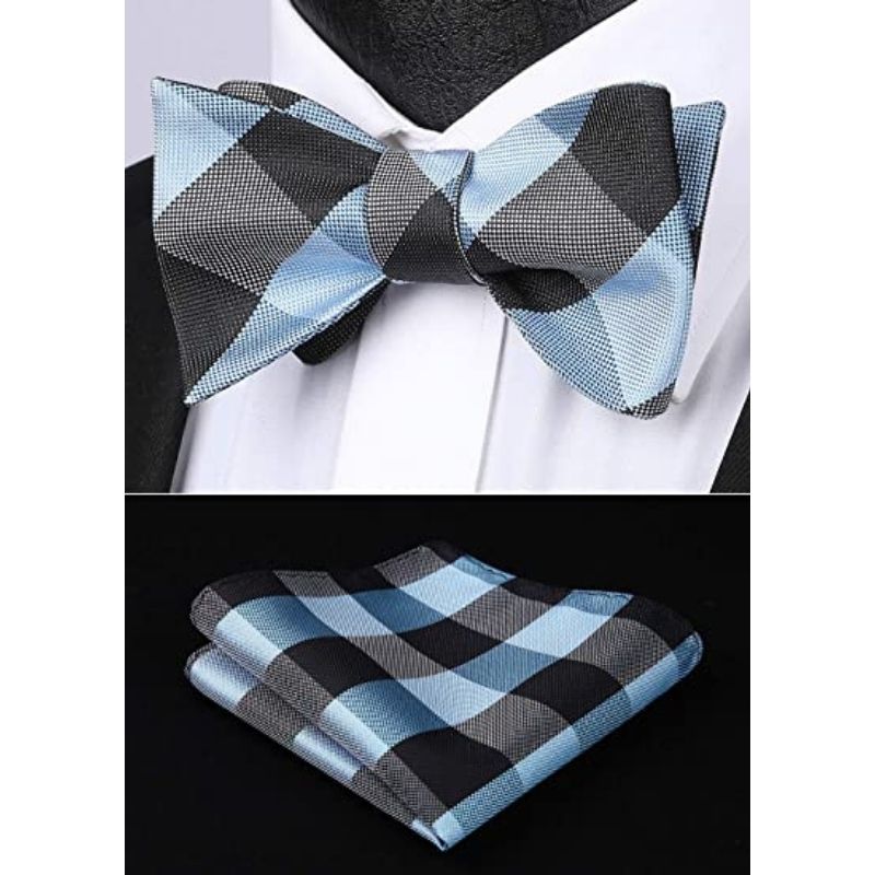 Hisdern Grey Blue Plaid Bow Tie Set For Special Occasions