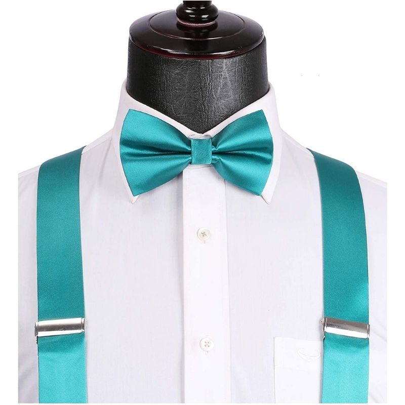 Hisdern Solid Suspenders Pre-Tied Bow Tie Set Aqua Formal Wedding Outfit