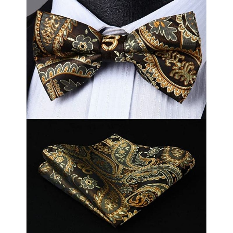 Hisdern Vintage Brown Paisley Pre-Tied Bow Tie Set for Wedding