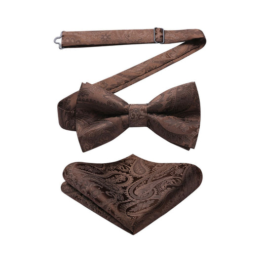 Hisdern Vintage Brown Paisley Pre-Tied Bow Tie Set for Wedding