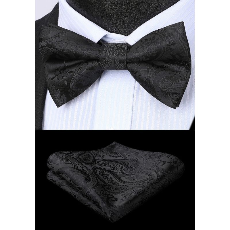 Hisdern Black Paisley Pre-Tied Bow Tie Set for Wedding
