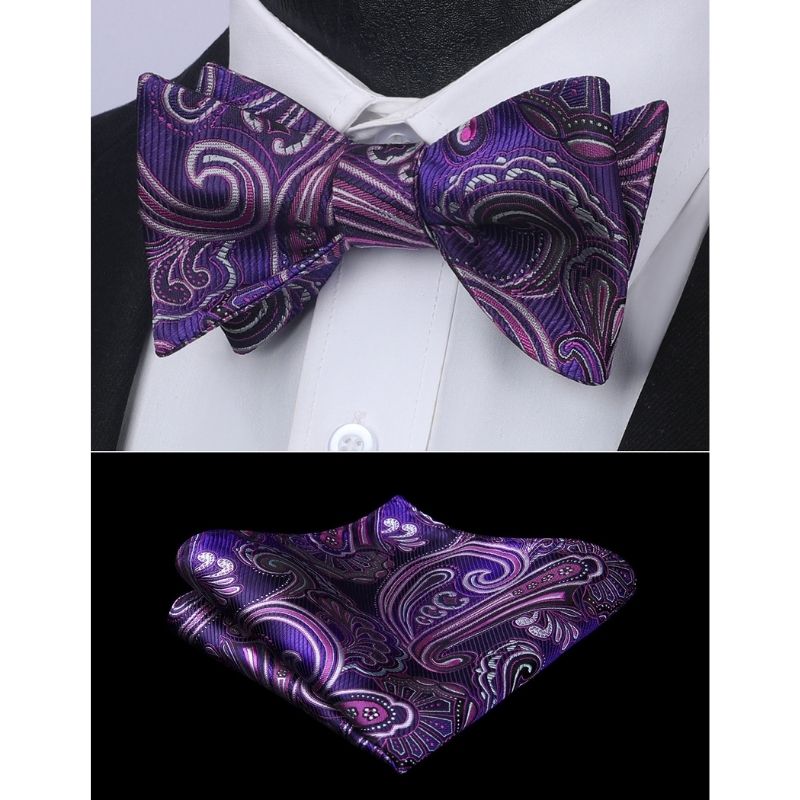 Hisdern Pink Purple Paisley Bow Tie Set For Evening Wear