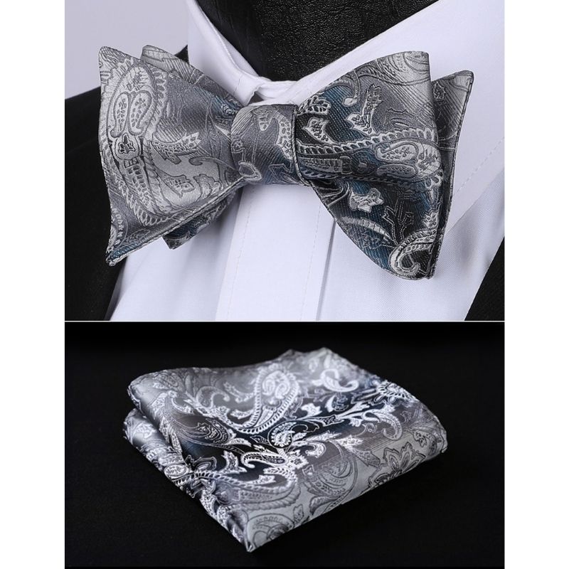 Hisdern Grey Paisley Bow Tie Set For Evening Wear