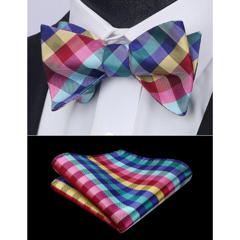 Hisdern Yellow Blue Red Plaid Bow Tie Set For Special Occasions