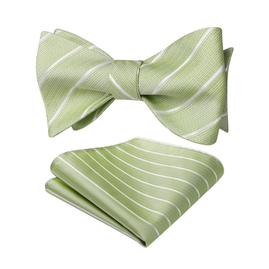 Hisdern Olive Green Striped Bow Tie Accessories Set For Evening Wear