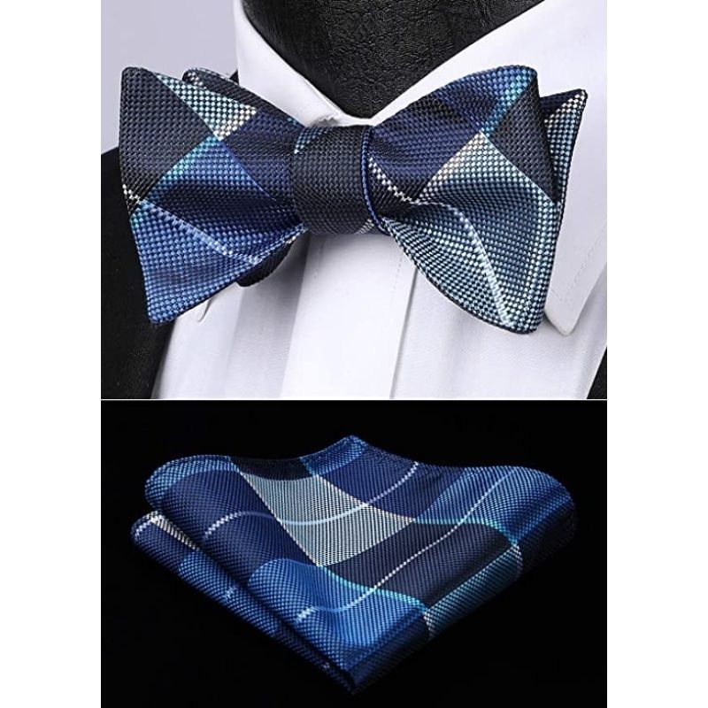 Hisdern Blue Navy Blue Plaid Bow Tie Set For Special Occasions