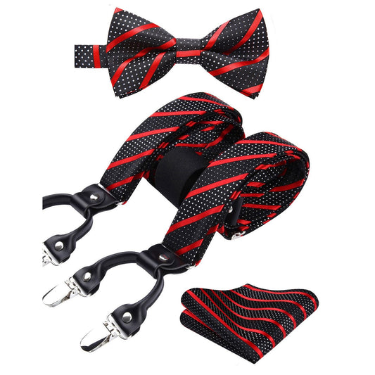 Hisdern Striped Suspenders Pre-tied Bow Tie Set Red Black Black Groom Outfit