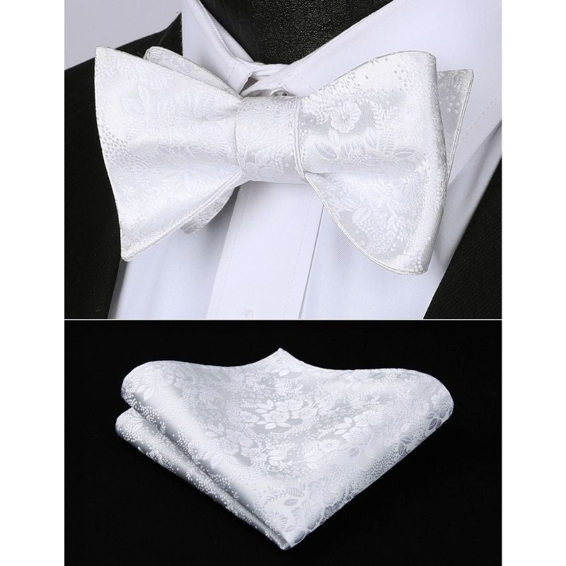 Hisdern White Floral Bow Tie Accessories Set For Evening Wear