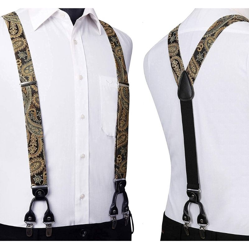 Hisdern Paisley Suspenders Bow Tie Set Gold Formal Accessories