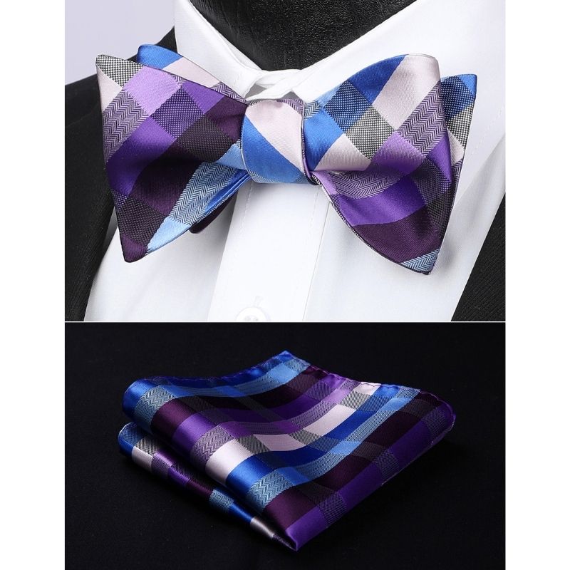 Hisdern Purple Blue Plaid Bow Tie Set For Special Occasions