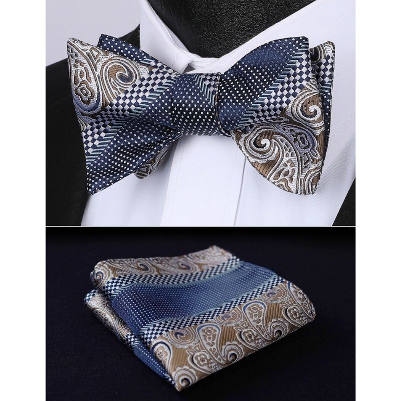 Hisdern Brown Blue Paisley Bow Tie Set For Evening Wear