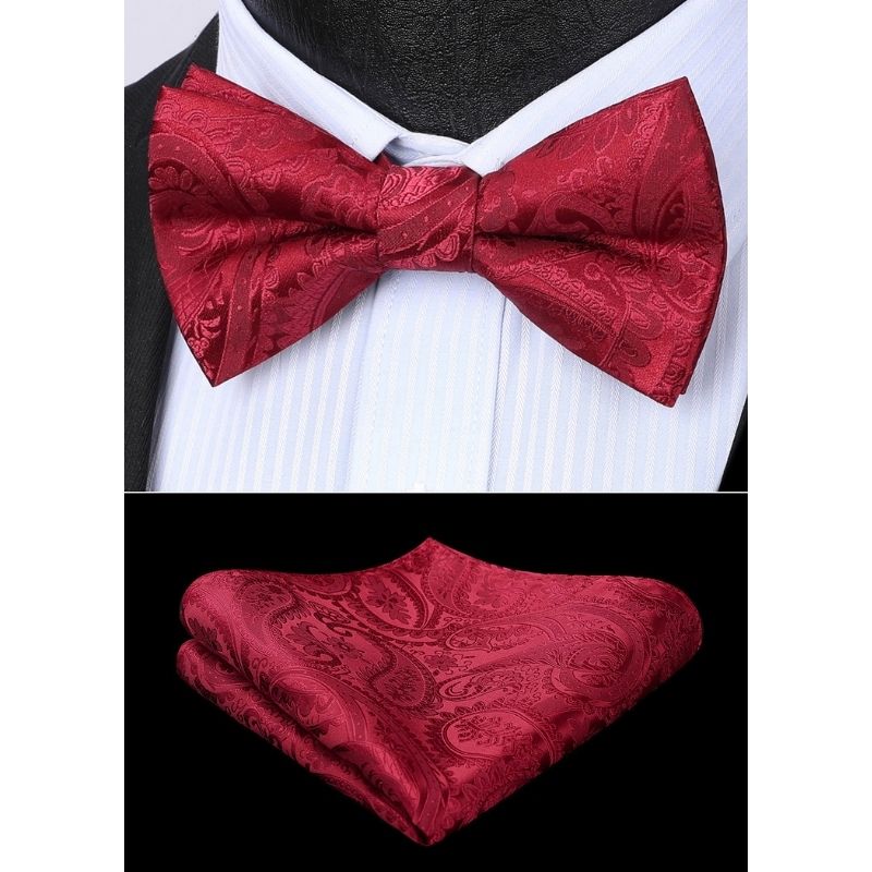 Hisdern Burgundy Paisley Pre-Tied Bow Tie Handkerchief For Evening Wear