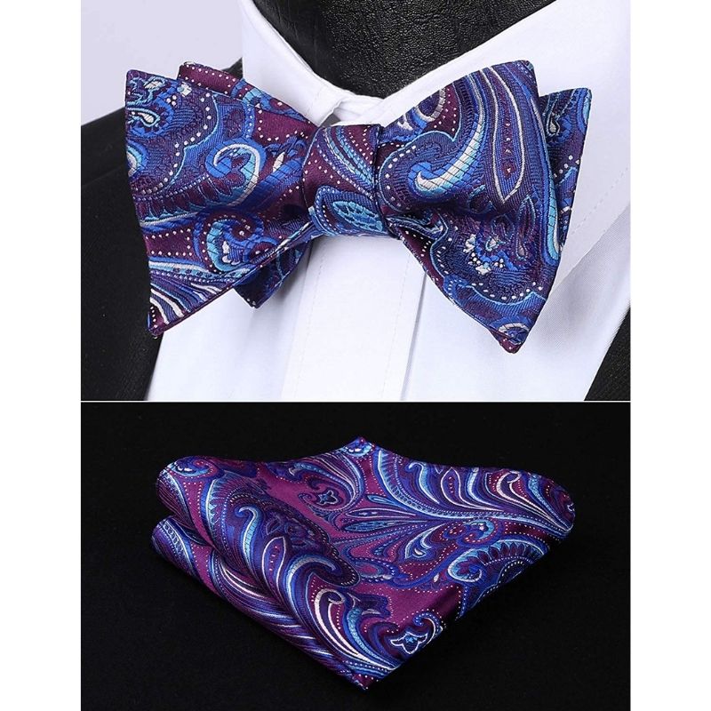 Hisdern Purple Blue Paisley Bow Tie Set For Evening Wear
