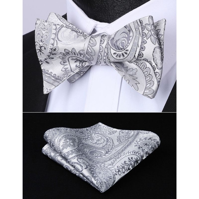 Hisdern Grey Silver Paisley Bow Tie Set For Evening Wear