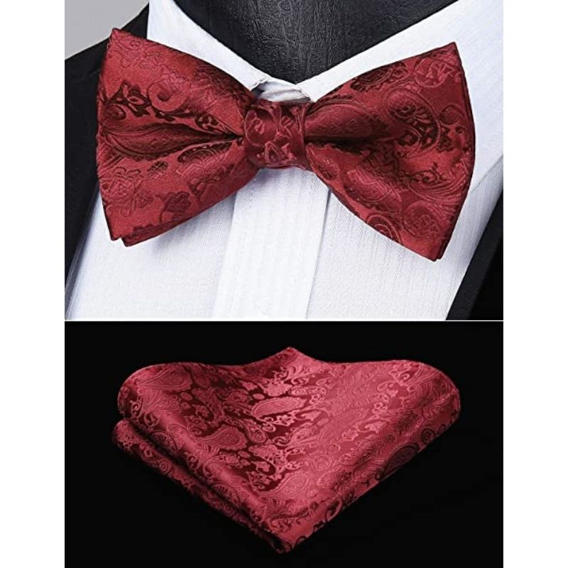 Hisdern Burgundy Solid Suspenders Pre-Tied Bow Tie Set Formal Wedding