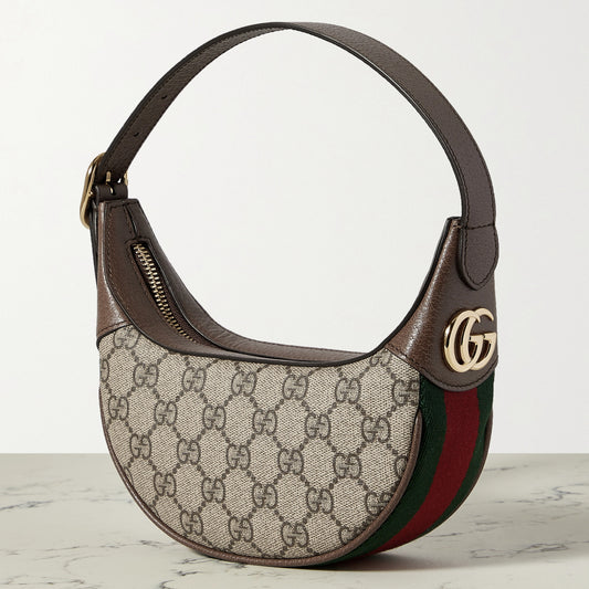 New Fashion mini webbing-trimmed textured-leather and printed coated-canvas shoulder bag