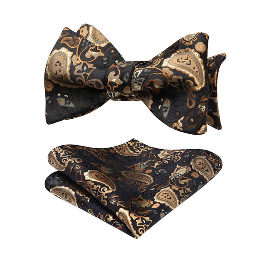 Hisdern Gold Black Paisley Bow Tie Set For Evening Wear
