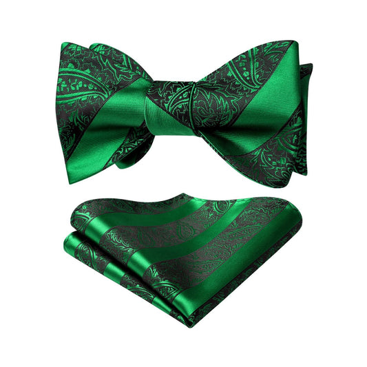 Hisdern Green Striped Bow Tie Accessories Set For Evening Wear