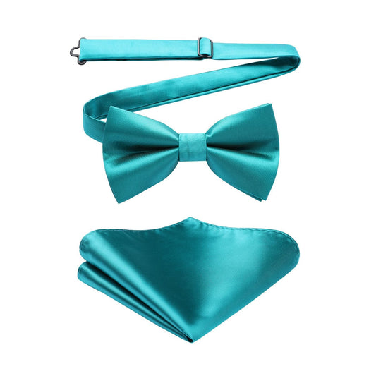 Hisdern Aqua Teal Solid Pre-Tied Bow Tie Accessories Set For Evening Wear