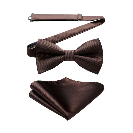 Hisdern Brown Solid Pre-Tied Bow Tie Accessories Set For Evening Wear