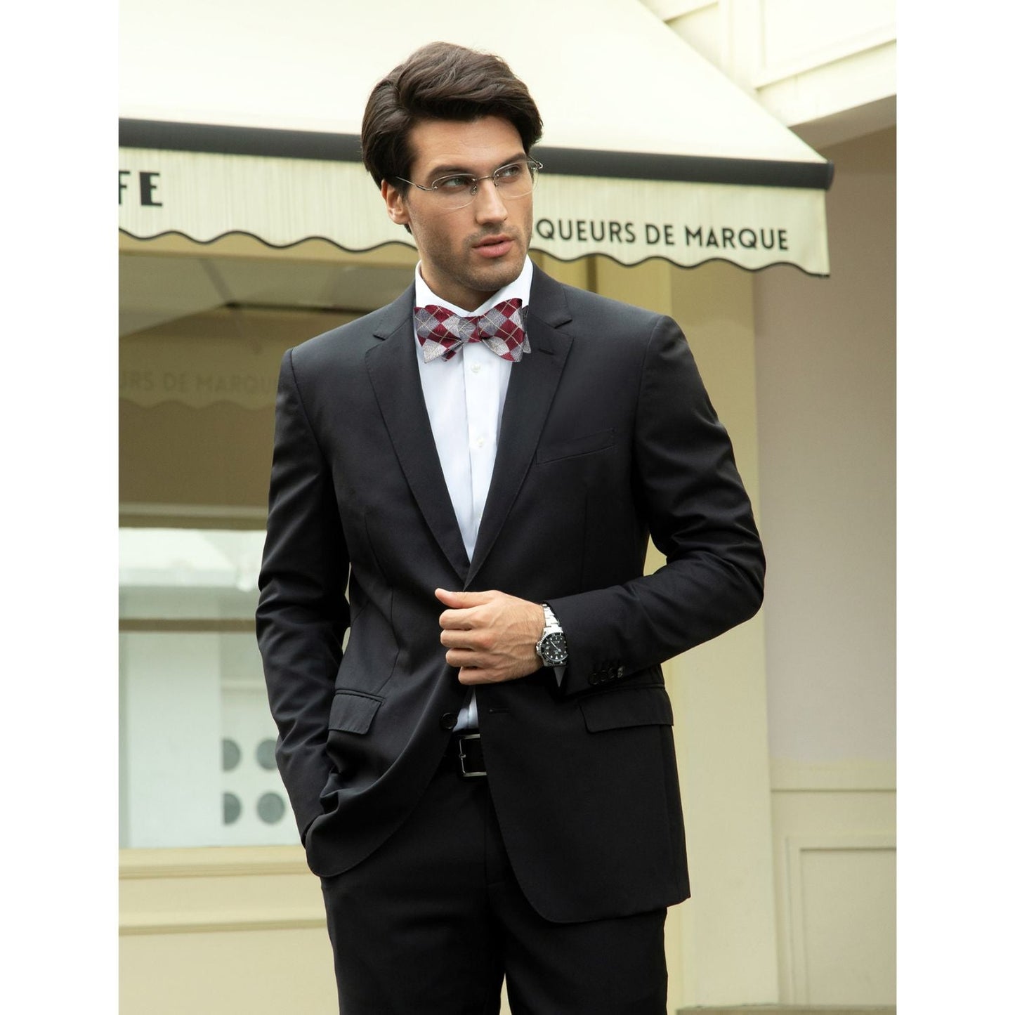 Hisdern Burgundy Grey Plaid Bow Tie Set For Special Occasions