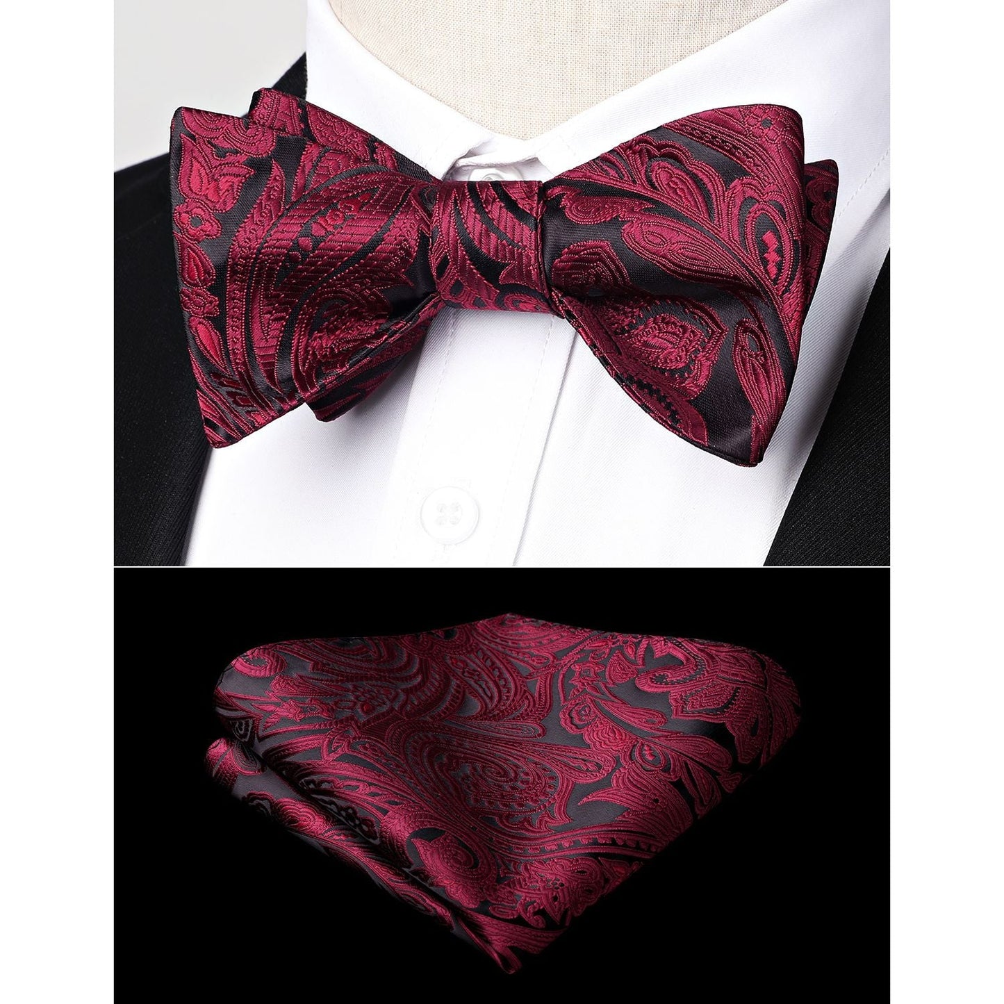 Hisdern Burgundy Paisley Bow Tie Set For Evening Wear