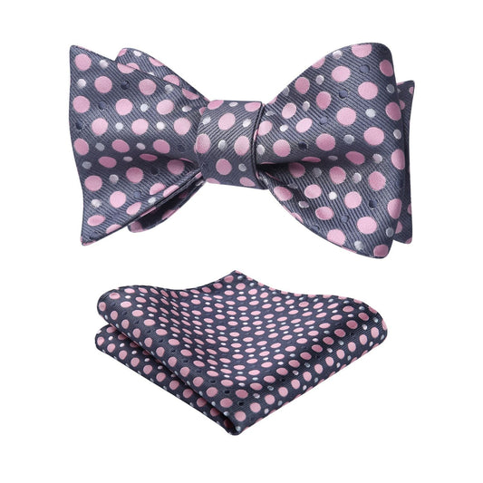 Hisdern Polka Dots Grey Pink Bow Tie Set for Party Wedding