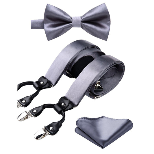Hisdern Solid Suspenders Pre-Tied Bow Tie Set Grey Formal Wedding Outfit