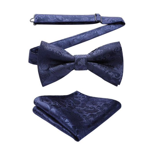 Hisdern Blue Paisley Pre-Tied Bow Tie Set for Wedding