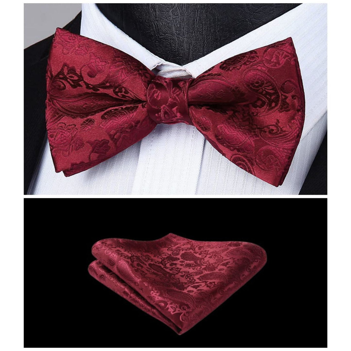 Hisdern Red Paisley Pre-Tied Bow Tie Set for Wedding