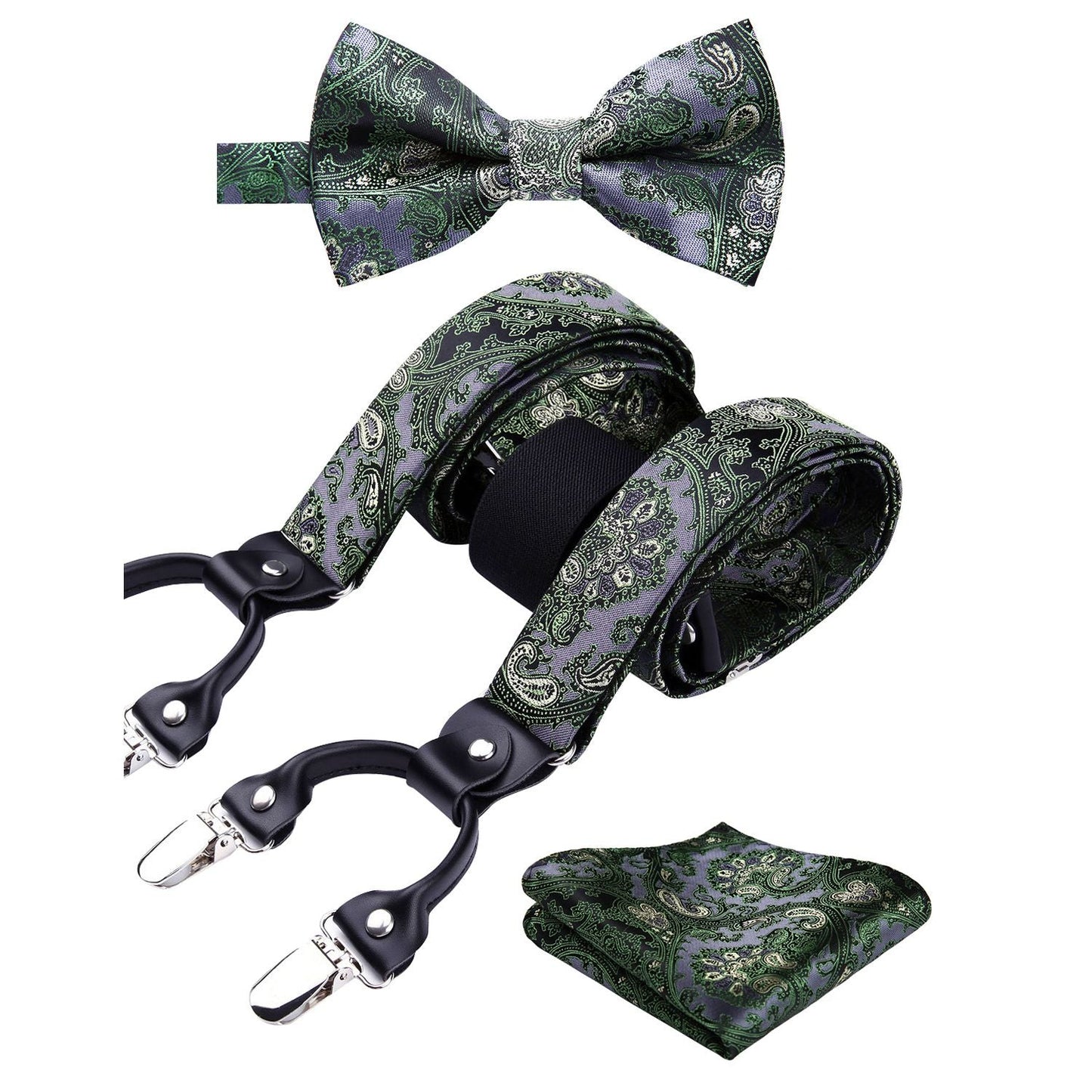 Hisdern Paisley Suspenders Pre-tied Bow Tie Set Green Formal Accessories