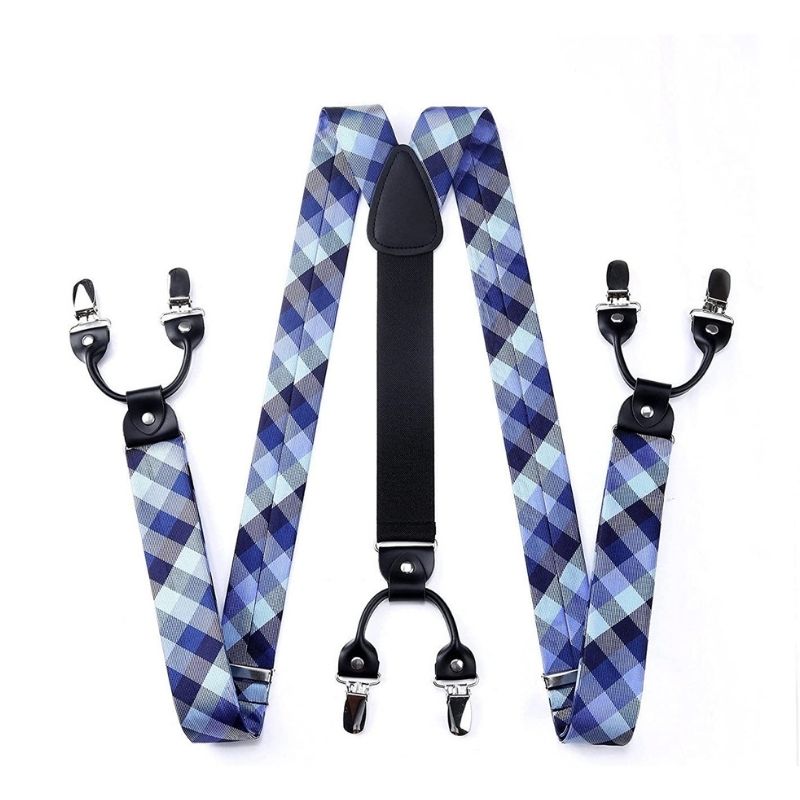 Hisdern Plaid Suspenders Bow Tie Set Blue Pattern Accessories