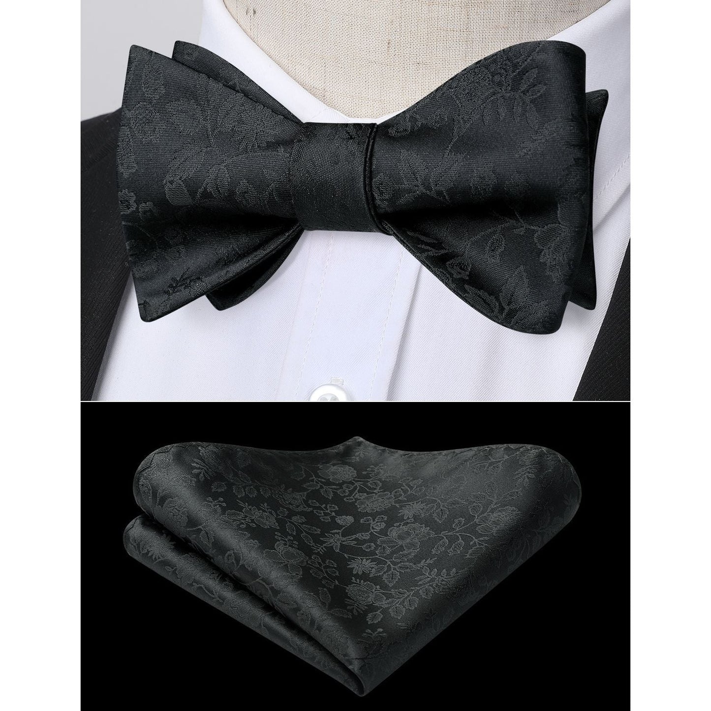 Hisdern Black Floral Bow Tie Set Groomsmen Wedding