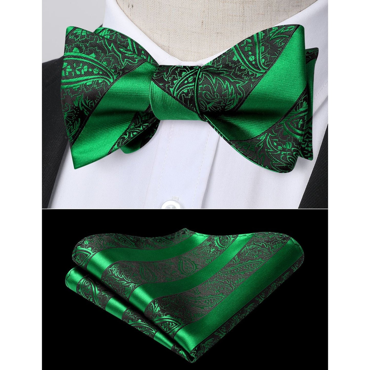 Hisdern Green Striped Bow Tie Accessories Set For Evening Wear