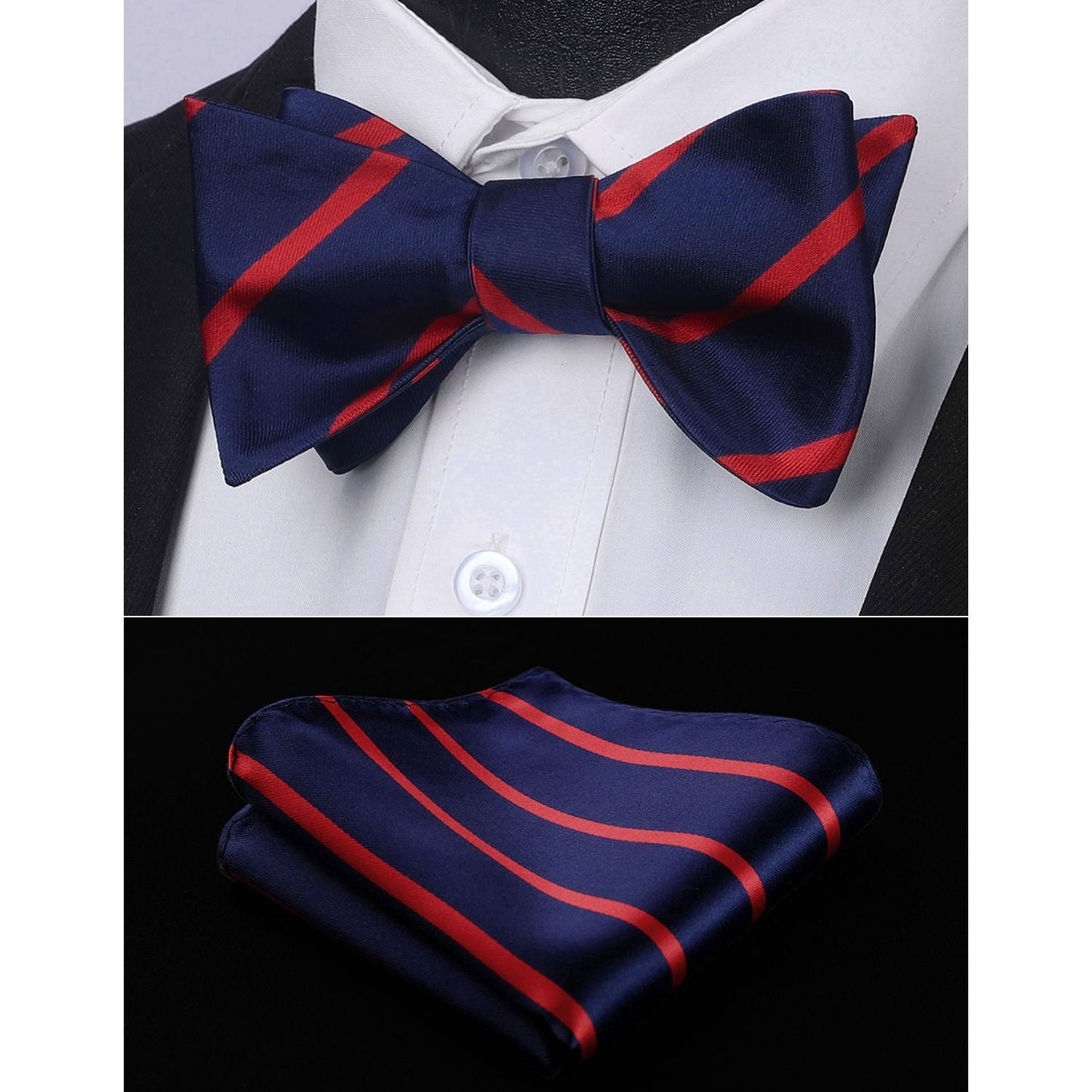 Hisdern Navy Blue Red Striped Bow Tie Accessories Set For Evening Wear