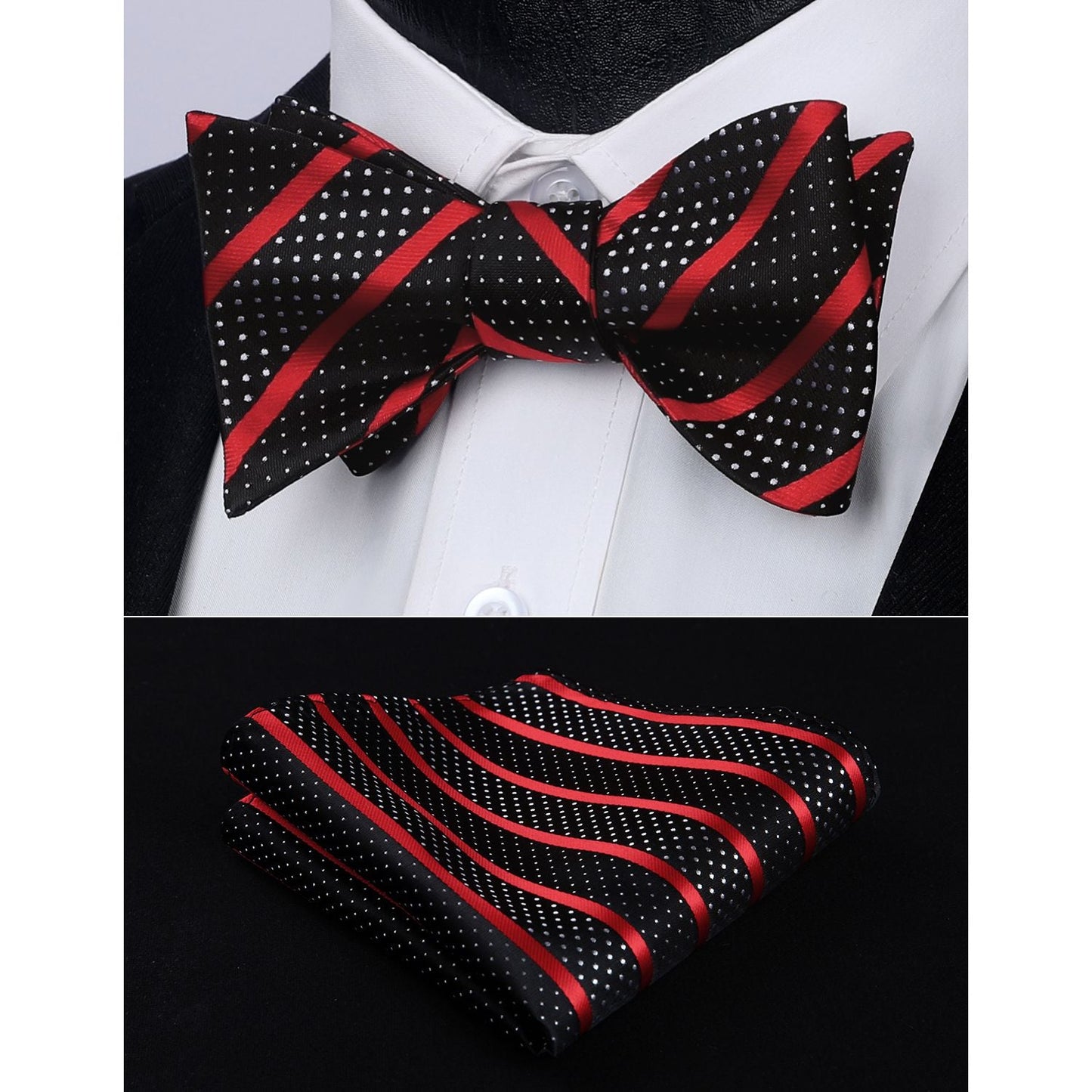 Hisdern Red Black Striped Bow Tie Accessories Set For Evening Wear