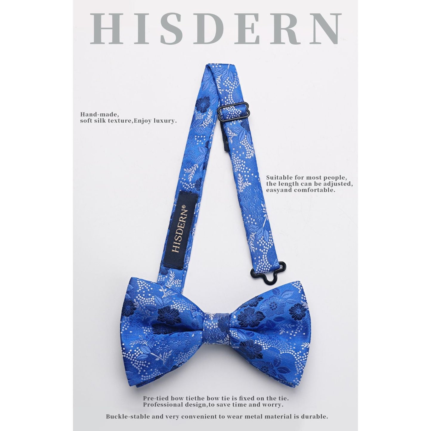 Hisdern Blue Floral Pre-Tied Bow Tie Handkerchief with Cufflinks