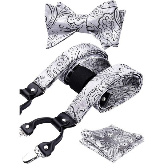 Hisdern Paisley Suspenders Bow Tie Set Silver Black Formal Accessories
