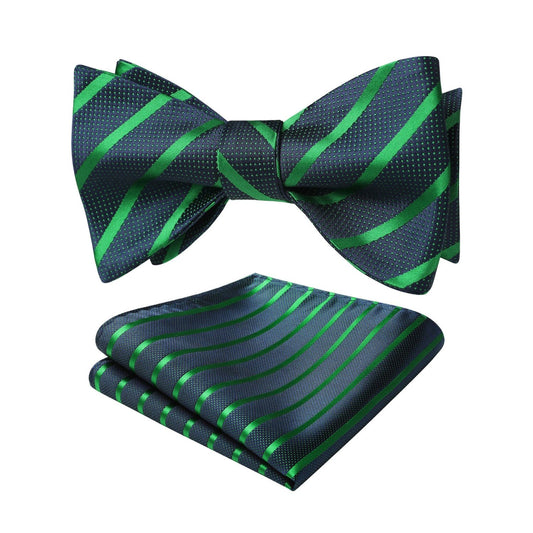 Hisdern Navy Green Striped Bow Tie Accessories Set For Evening Wear