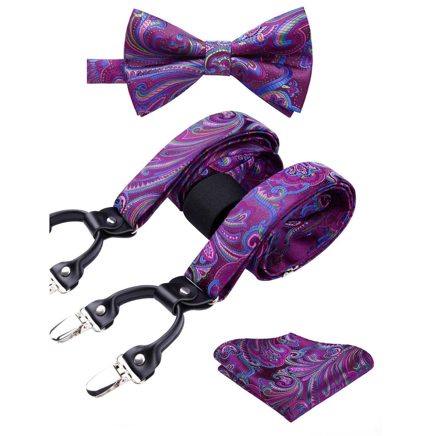 Hisdern Paisley Suspenders Pre-tied Bow Tie Set Purple Formal Accessories