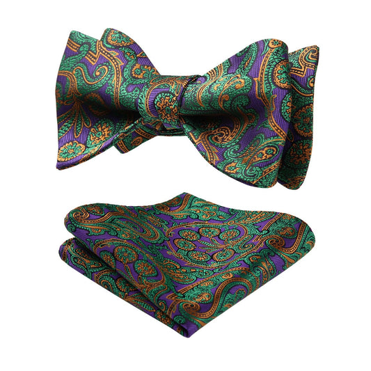 Hisdern Vintage Green And Purple Paisley Bow Tie Set