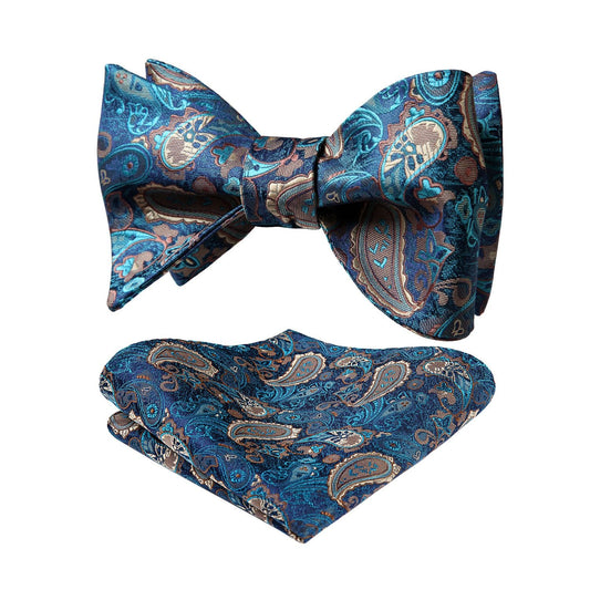 Hisdern Aqua Brown Paisley Bow Tie Set For Evening Wear