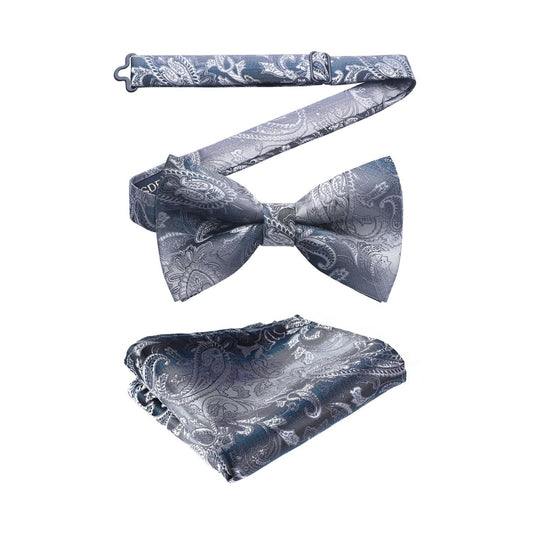 Hisdern Grey Paisley Pre-Tied Bow Tie Set for Wedding