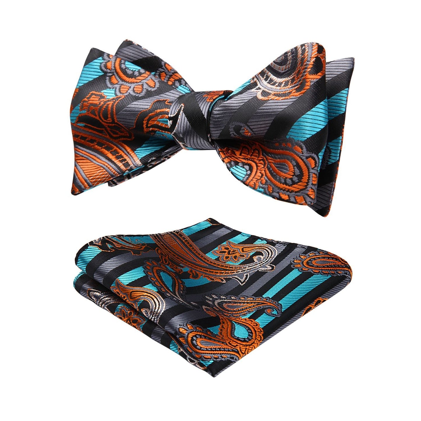 Hisdern Aqua Orange Paisley Bow Tie Set For Evening Wear