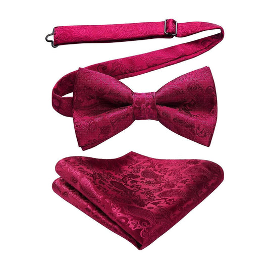 Hisdern Red Paisley Pre-Tied Bow Tie Set for Wedding