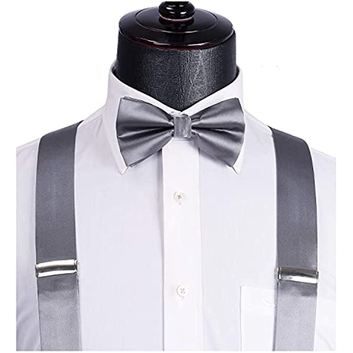 Hisdern Solid Suspenders Pre-Tied Bow Tie Set Grey Formal Wedding Outfit