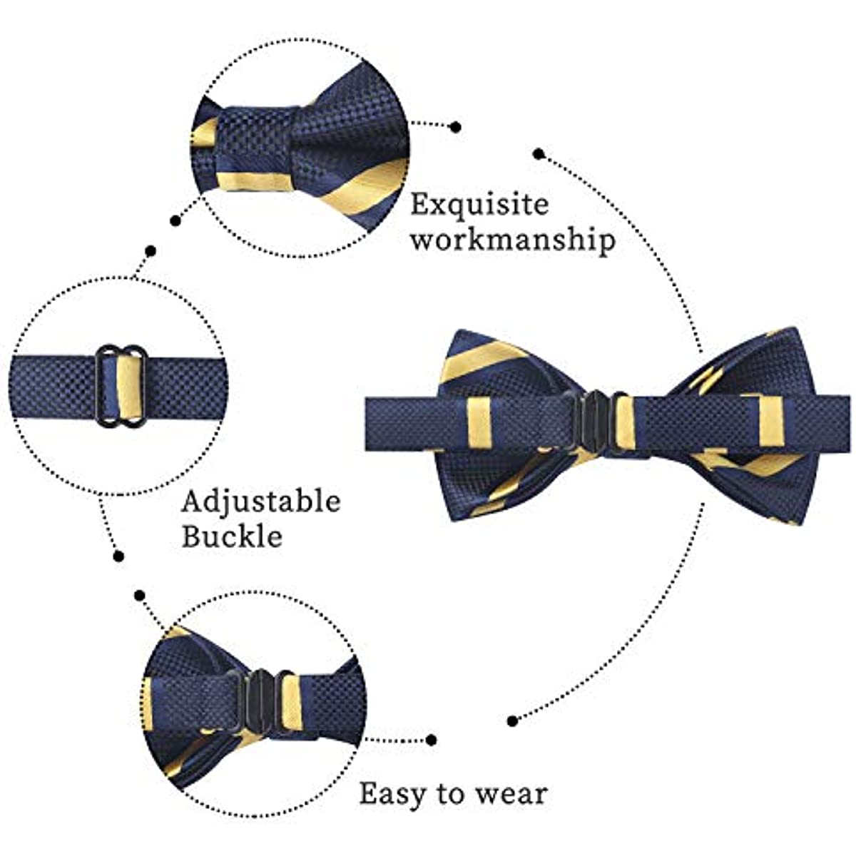 Hisdern Navy Blue Yellow Striped Pre-Tied Bow Tie for Boys